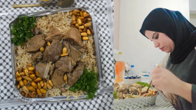 Fattah Ghazawi—makanan khas Gaza berupa nasi dari beras basmati dengan rempah ditumpuk daging dan kacang-kacangan, serta taburan daun parsley.