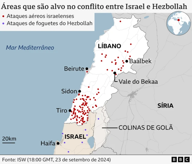 Mapa das áreas que são alvo no conflito entre Israel e Hezbollah.