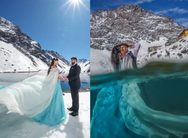 La pareja el día de su boda, sobre la nieve y metida en la laguna