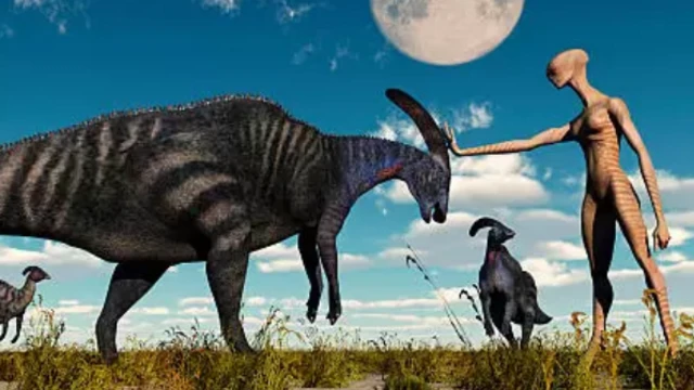 ภาพจากจินตนาการของศิลปิน แสดงเหตุการณ์เมื่อเอเลียนมาเยือนโลกยุคดึกดำบรรพ์