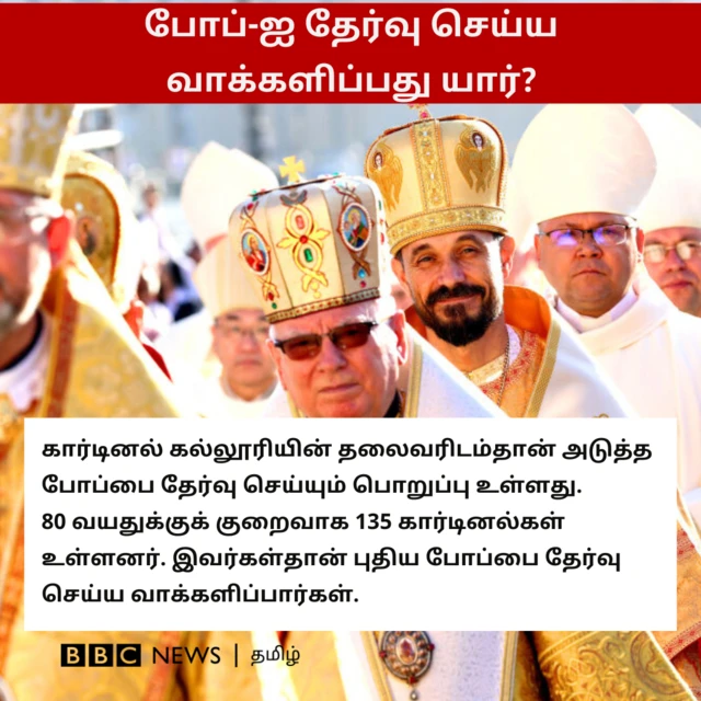 போப்-ஐ தேர்வு செய்ய வாக்களிப்பது யார்? கார்டினல் கல்லூரியின் தலைவரிடம்தான் அடுத்த போப்பை தேர்வு செய்யும் பொறுப்பு உள்ளது. 80 வயதுக்குக் குறைவாக 135 கார்டினல்கள் உள்ளனர். இவர்கள்தான் புதிய போப்பை தேர்வு செய்ய வாக்களிப்பார்கள். 