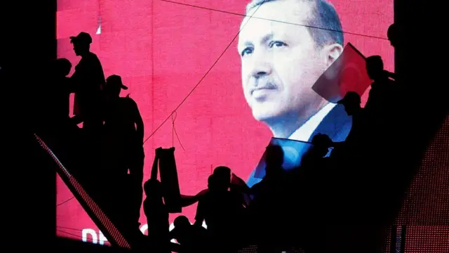 Участники демонстрации на фоне портрета Эрдогана