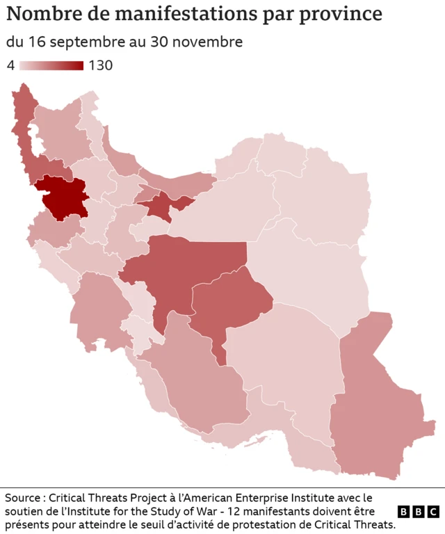 La carte qui retrace le nombre de manisfestation par province