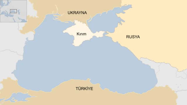 Karadeniz'i merkeze alan ve güneyde Türkiye, kuzeyde Ukrayna ve Rusya ile aralarındaki Kırım'ı gösteren bir harita