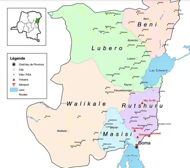 Kuva Bunagana kuzamuka Ishasha, ukagaruka Kanyabayonga muri Rutshuru, no kumanuka i Masisi kugera i Sake hafi ya Goma, M23 igenzura igihe cy'intara ya Kivu ya ruguru iri iri kuri iyi karita