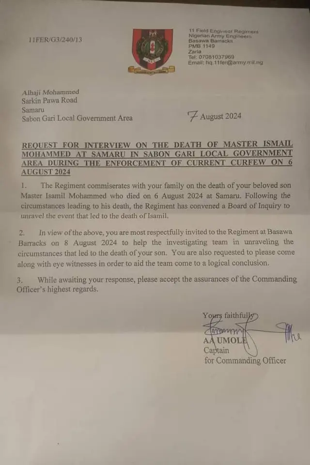 Witness Invite letter from di Nigerian Army