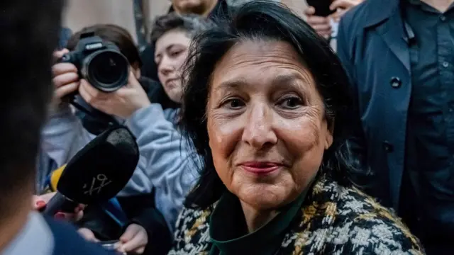 President of Georgian Republic, Salome Zourabichvili speaks to press after casting her vote during the Georgian Election.