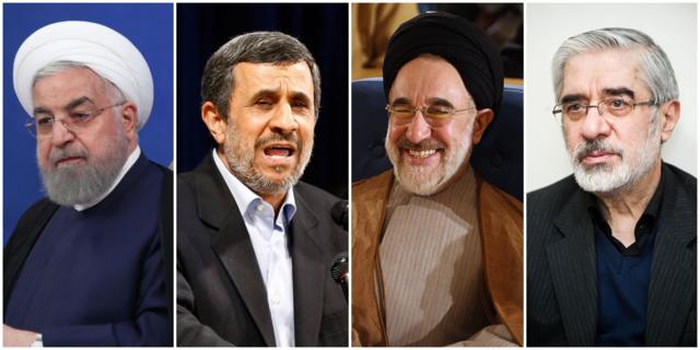 از راست، میر حسین موسوی، محمد خاتمی، محمود احمدی نژاد و حسن روحانی به نوبت زمانی ریاست دولت را در جمهوری اسلامی در دست داشتند