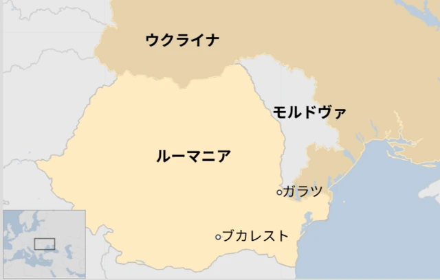 ルーマニアを中心に、北東部のウクライナとモルドヴァの位置を示している。国境沿いのガラツと首都ブカレストの位置も示されている