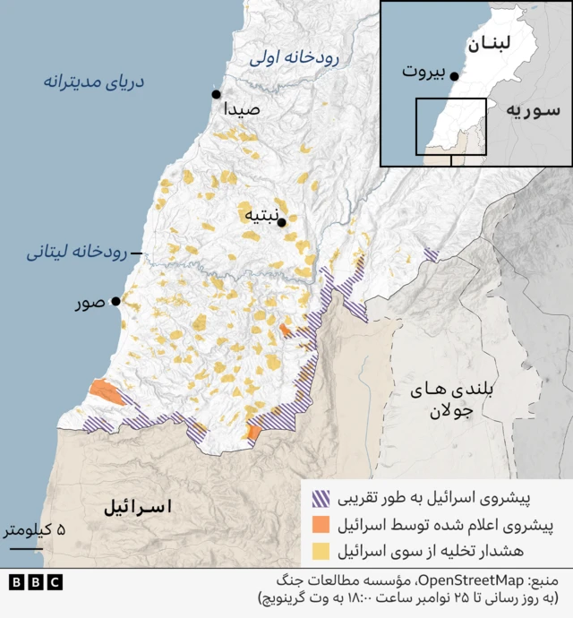 نقشه پیشروی اسرائیل در لبنان