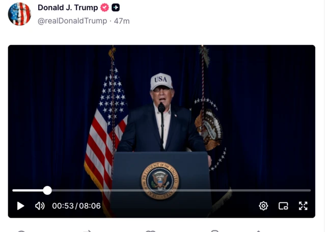 Дональд Трамп өзүнүн Truth социалдык тармагында 8 мүнөттүк кайрылуу жарыялап, АКШнын Иранга соккуларына түздөн-түз катышканын тастыктады.