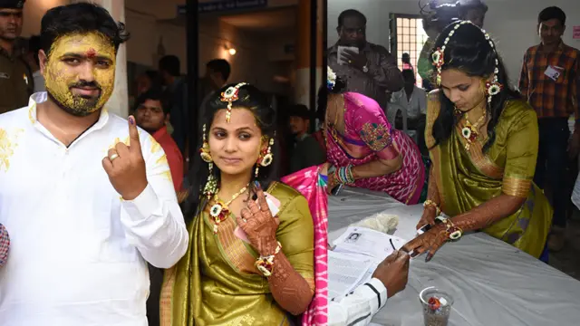 લગ્ન પહેલા મતદાન કરવા આવેલું દંપતિ