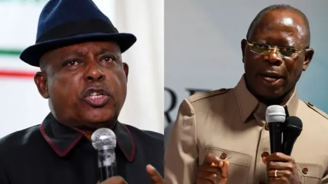 Onyeisi ndị PDP - Uche Secondus, na onyeisi ndị APC Adams Oshiomhole