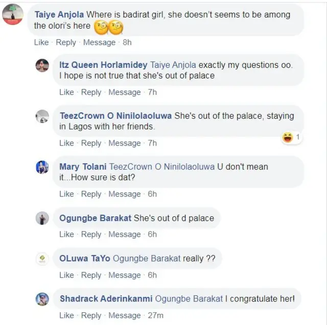 Awọn eeyan n beere loju opo BBC pe nibo ni Olori Badrat wa