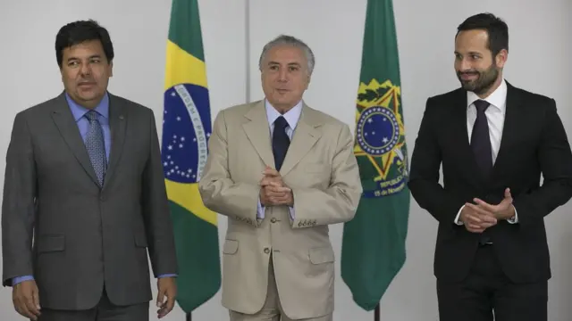 O ministro Mendonça Filho; o presidente interino, Michel Temer; e o secretário da Cultura, Marcelo Calero