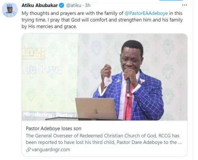 Ọrọ ti Atiku kọ nipa iku Dare Adeboye