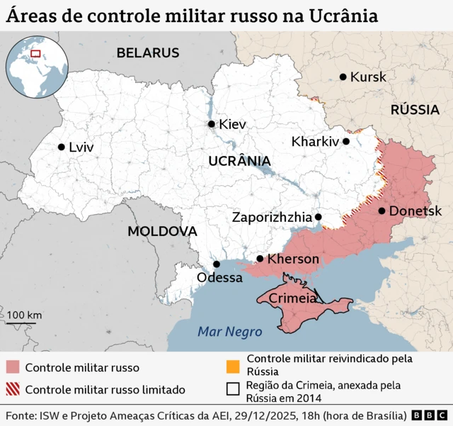 Mapa mostrando quais áreas da Ucrânia estão sob controle militar russo total ou limitado