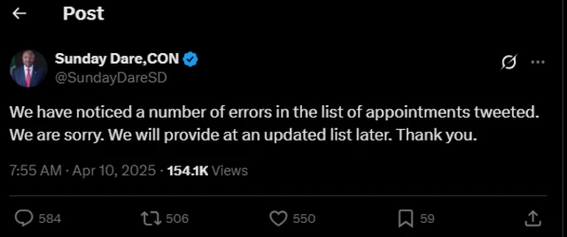 Screenshot of Sunday Dare post on X