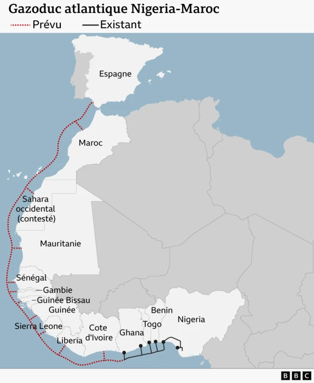 Une carte montrant les 14 pays qui seront desservis par l'oléoduc Nigéria-Maroc.