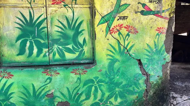 शाळेच्या भिंतीला गेलेले तडे.