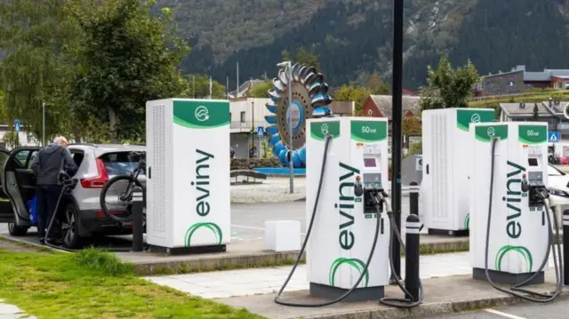 Estación pública de recarga de vehículos eléctricos en Noruega.