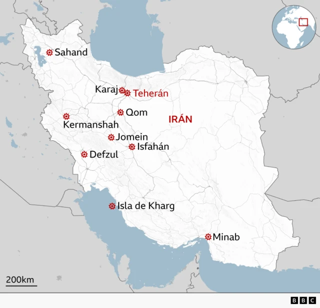 Mapa con las ciudades atacadas por Israel y Estados Unidos en Irán.
