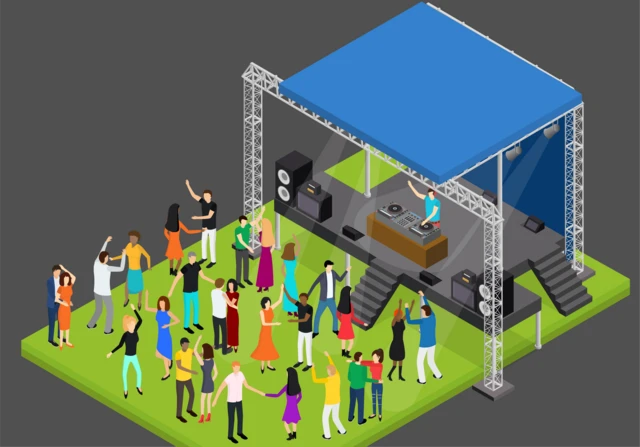 Ilustración isométrica de una fiesta con gente bailando.