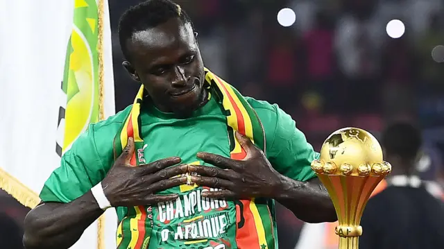 Sadio Mane reacts after winning the Africa Cup of Nations with Senegal in Cameroon in February 2022