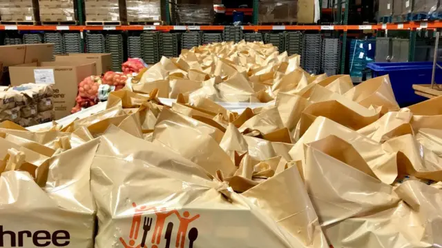 Sacolas pardas com alimentos para doação