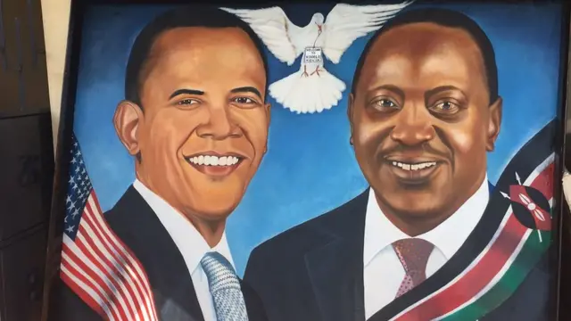 Mchoro wa picha ya Obama akiwa na rais Uhuru Kenyatta wa Kenya