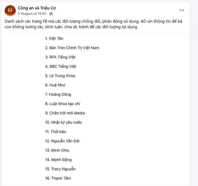 Danh sách trên trang Công an xã Triệu Cơ