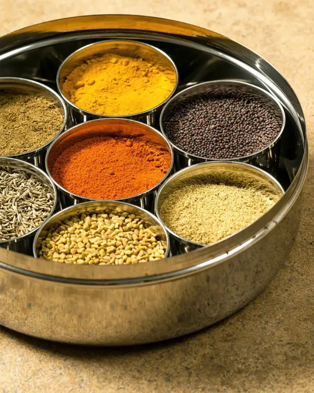 The Indian spice box includes turmeric, red chilli powder and ground coriander 