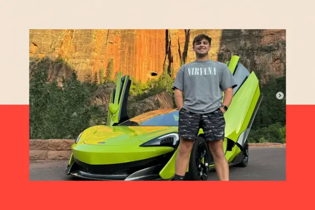 A white man wearing a Nirvana t-shirt and shorts stands in front of a lime green sports car with its doors open