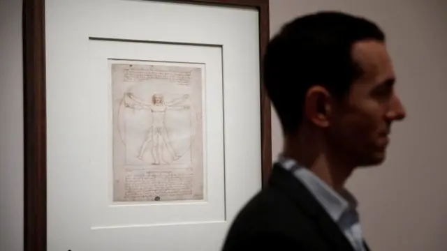 Leonardo's Vitruvian Man joined the exhibition at the Louvre at the 11th hour following a cultural spat with Italy