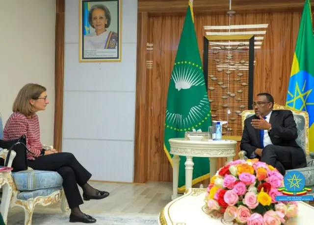 ዳይሬክተር ኣፍሪቃ ኣብ ኣገልግሎት ተግባራት ወጻኢ ሕብረት ኤውሮጳ ሪታ ላራንጂንሃ ምስ ኣቶ ደመቀ መኮንን