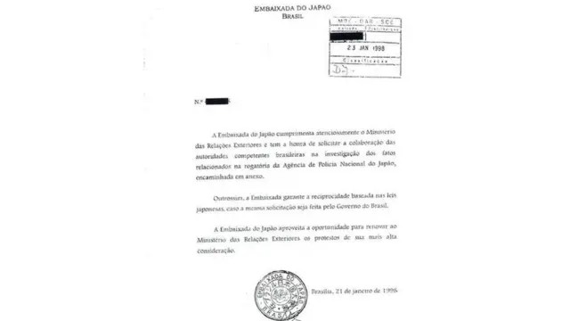 Reprodução documento Embaixada do Japão solititando ajuda do Brasil para investigar 9 pessoas