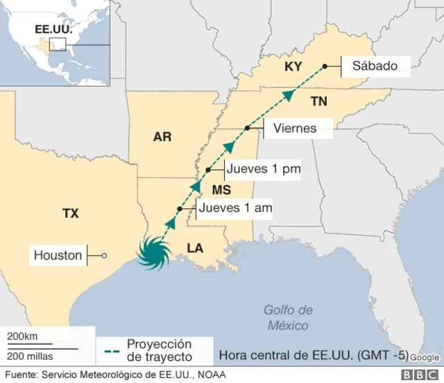 Mapa con la previsión del comportamiento de Harvey para los próximos días