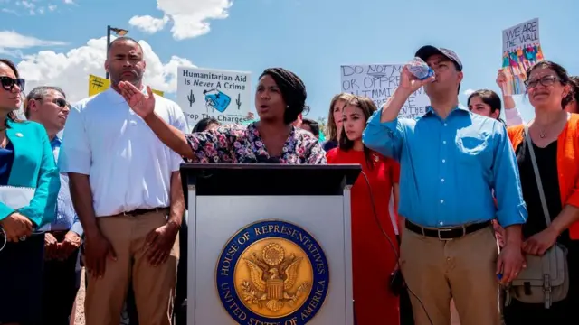 US Representative Ayanna Pressley (D-MA) speaks during a press conference following a tour in Border Patrol facilities and migrant detention centers for 15 members of the Congressional Hispanic Caucus