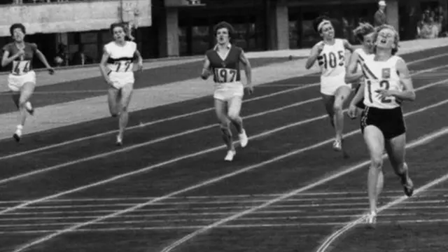 Betty Cuthbert crosses the finish line at the 400 metres final in the 1964 Tokyo Olympics