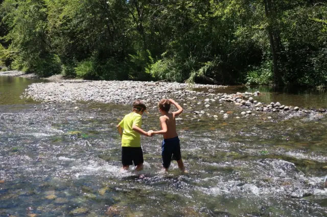 Dos niños juegan en un arroyo