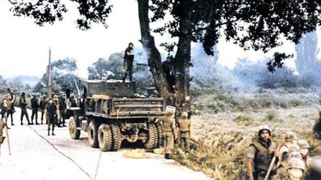 1976年，朝鲜半岛，朝韩非军事区，一组园艺专家在数百名美军士兵护卫下前往非军事区去砍一棵树