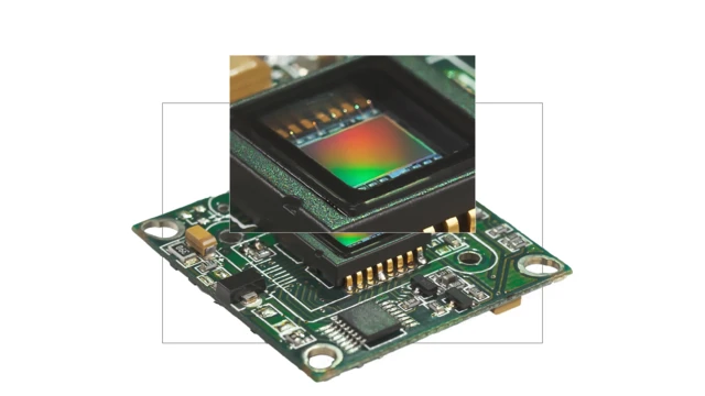 Vista aproximada de um sensor CMOS, com uma seção em zoom mostrando os minúsculos componentes que ajudam a capturar a luz e transformá-la em imagens digitais
