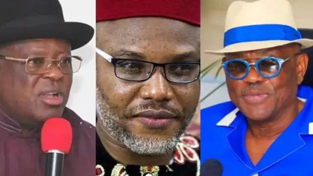 Ndị nọ na foto a bụ Mịnịsta Naịjirịa na-ahụ maka ọrụ bụ Dave Umahi, onye ndu IPOB bụ Nnamdi Kanu, na Mịnịsta FCT Abuja bụ Nyesom Wike 