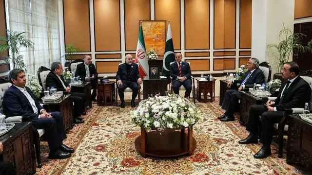Pakistan Prime Minister Muhammad Shehbaz Sharif meets with the Iranian Foreign Minister Abbas Araghchi and Speaker of the Iranian Parliament Mohammad Baqir Qalibaf on the sidelines of Islamabad Talks, in Islamabad, capital of Pakistan, on 11 April, 2026. 