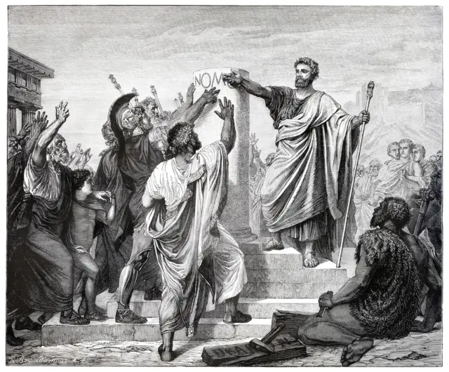 Atina demokrasisinin gelişmesine katkıda bulunan Solon, yurttaşlarına yemin ettiriyor.