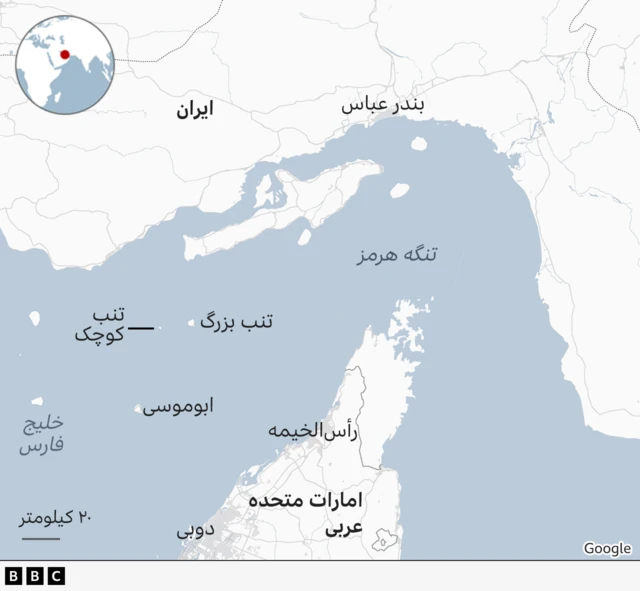 نقشه موقعیت جزایر سه‌گانه ایران در خلیج فارس