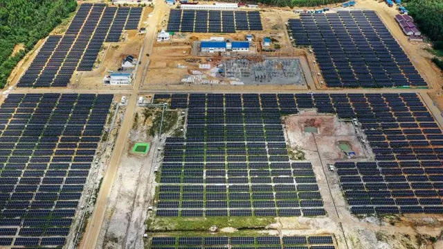 Foto udara Pembangkit Listrik Tenaga Surya (PLTS) IKN di Penajam Paser Utara, Kalimantan Timur, Kamis (1/8/2024). PLTS IKN yang saat ini telah beroperasi dengan kapasitas 10 MW itu akan memasok 100 persen kebutuhan listrik untuk upacara peringatan HUT Ke-79 RI di IKN.