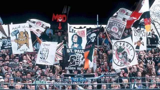 St Pauli fans display banners during a 2001 Bundesliga match