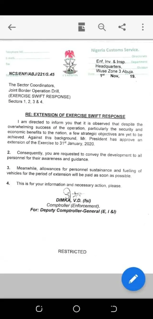 Aworan iwe ti ajọ aṣọbode fi kede isunsiwaju titi pa bode