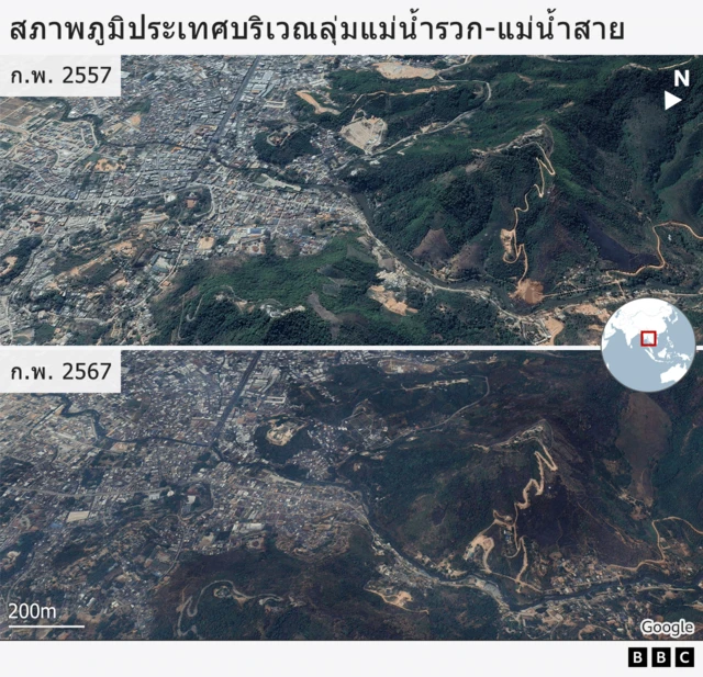 ภาพถ่ายดาวเทียมเปรียบเทียบการเปิดหน้าดินเพื่อใช้พื้นที่ทั้งในเขตประเทศไทยและเมียนมา